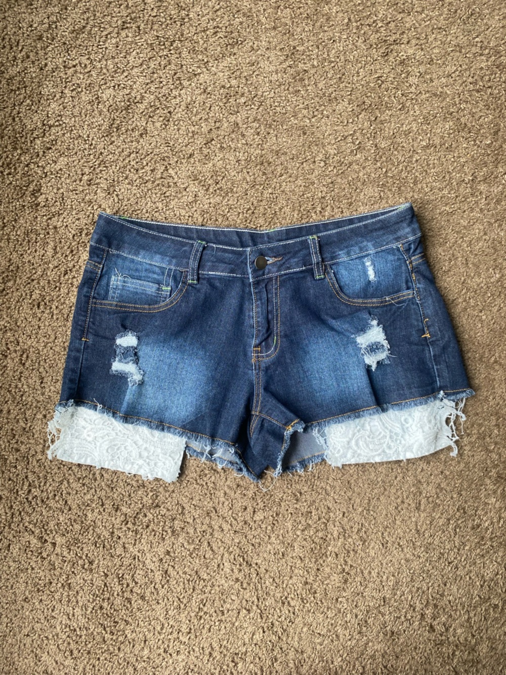 Lace-Trim Distressed Denim Shorts